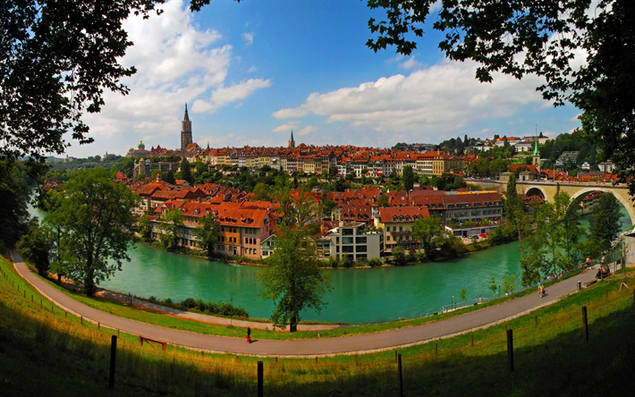 Bern, Alps, city panorama, old town, river, Switzerland