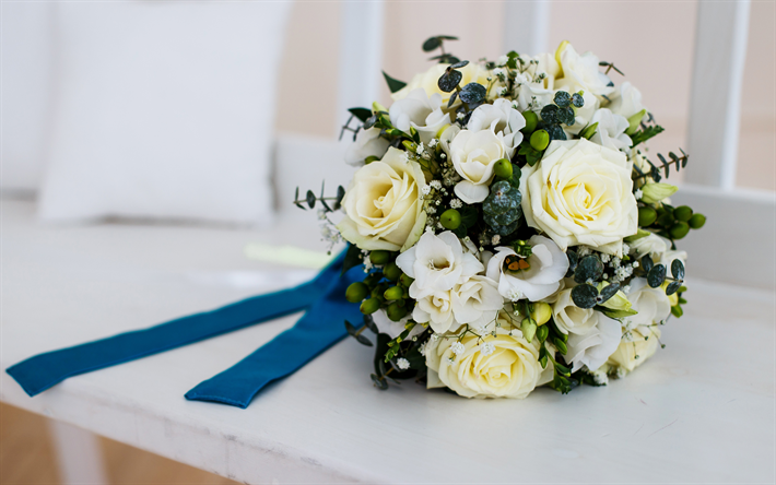 結婚式の花束, 白バラの花, ブライダルブーケ, 結婚, 白い花, 結婚式の概念