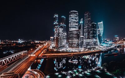 moskau-stadt, nachtaufnahmen, wolkenkratzer, moskau, russland