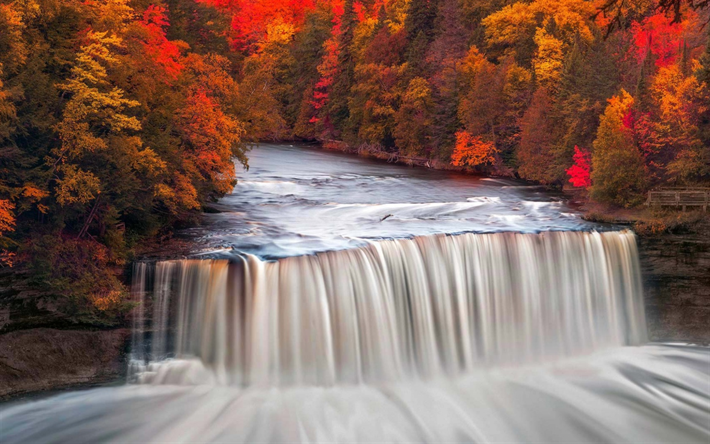 bela cachoeira, rio, outono, outono floresta, Michigan, EUA