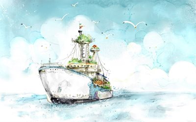 ship, sea, seagulls, art, creative, clouds