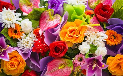 lilies, chrysanthemums, roses, 4k, colorful flowers, bouquet