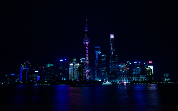 Shanghai, 4k, paesaggi notturni, grattacieli, Cina, Asia