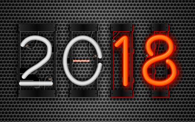 4k, 2018 year, art, neon digits, metal grid, 2018, New Year 2018, creative