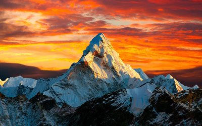 Himalajalla, 4k, sunset, vuoret, Tiibet, Aasiassa, vuoren huiput