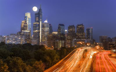 Philadelphia, Pennsylvania, skyscrapers, night, sunrise, freeway, city lights, USA