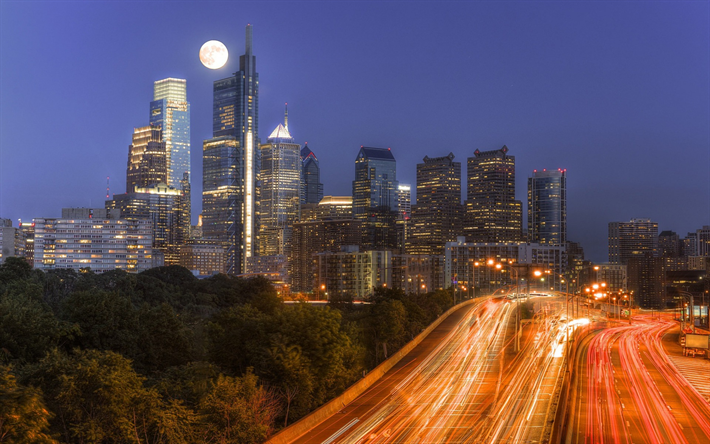 Philadelphia, Pennsylvania, skyskrapor, natt, soluppg&#229;ng, freeway, stadens ljus, USA