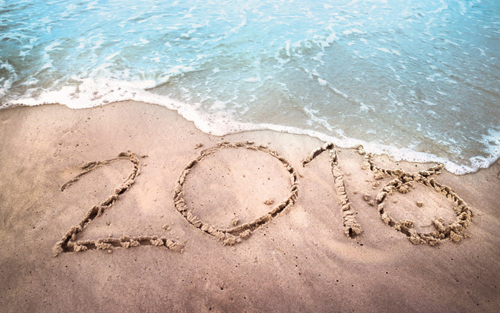 in uscita il 2018, i concetti, la fine del 2018 anno, spiaggia, sabbia, mare, numeri 2018 nella sabbia