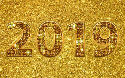 Happy New Year 2019, golden digits, creative, 2019 year, glitter, 2019 concepts, gold background