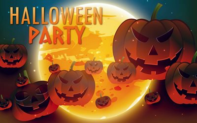 Happy Halloween, 4k, night, pumpkin, moon, creative, Halloween Party