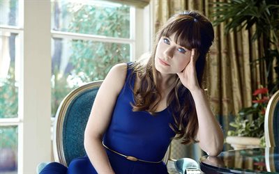 4k, Zooey Deschanel, 2018, beleza, a atriz norte-americana, Hollywood, vestido azul, estrelas de cinema