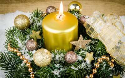 Christmas, golden candle, New Year, decoration, golden Christmas balls, merry christmas, xmas