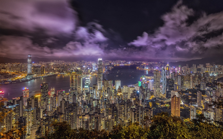 Hong Kong, &#199;in, gece, Metropol, b&#252;y&#252;k şehir, g&#246;kdelenler, modern mimari, bay