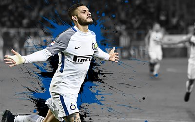Mauro Icardi, 4k, Inter Milan FC, Argentinian footballer, forward, Internazionale FC, blue black paint splashes, art, Serie A, Italy, soccer