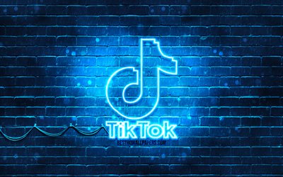 Logotipo azul TikTok, 4k, parede de tijolos azuis, logotipo do TikTok, redes sociais, logotipo neon do TikTok, TikTok