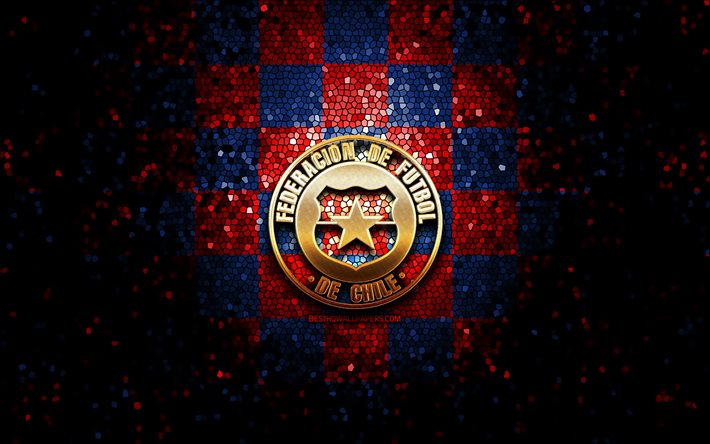 Chilenska fotbollslag, glitterlogotyp, Conmebol, Sydamerika, r&#246;dbl&#229; rutig bakgrund, mosaikkonst, fotboll, Chiles fotbollslandslag, FFCh-logotyp, Chile
