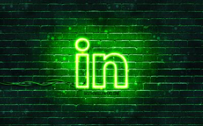 Logotipo verde do LinkedIn, 4k, parede de tijolos verde, logotipo do LinkedIn, redes sociais, logotipo de n&#233;on do LinkedIn, LinkedIn