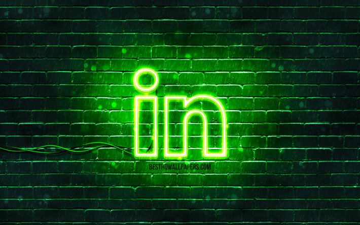Logo verde LinkedIn, 4k, muro di mattoni verde, logo LinkedIn, social network, logo neon LinkedIn, LinkedIn