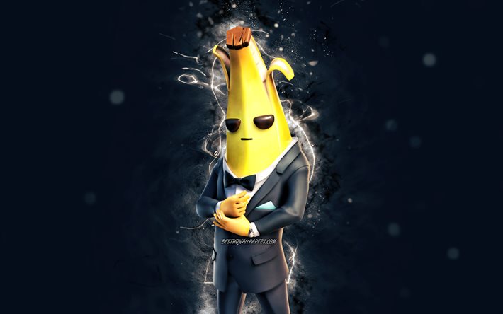 Mister Banane, 4k, luzes de n&#233;on azuis, jogos de 2020, Fortnite Battle Royale, Personagens Fortnite, Mister Banane Skin, Fortnite, Mister Banane Fortnite