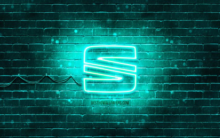 Si&#232;ge logo turquoise, 4k, mur de briques turquoise, logo Seat, marques de voitures, logo Seat n&#233;on, si&#232;ge