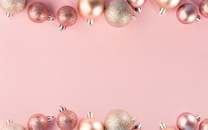 ピンクのクリスマスの背景, クリスマスボールのフレーム, クリスマスピンクのフレーム, 新年。, クリスマス。