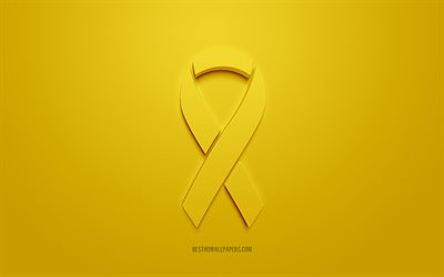 Cinta de c&#225;ncer de vejiga, logotipo creativo en 3D, cinta amarilla 3d, cinta de concienciaci&#243;n sobre el c&#225;ncer de vejiga, c&#225;ncer de vejiga, fondo amarillo, cintas de c&#225;ncer, cintas de conciencia