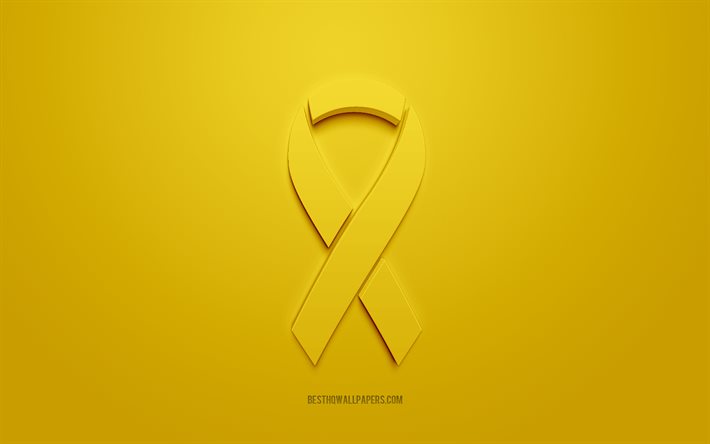 Ruban de cancer de la vessie, logo 3D cr&#233;atif, ruban 3d jaune, ruban de sensibilisation au cancer de la vessie, cancer de la vessie, fond jaune, rubans de cancer, rubans de sensibilisation
