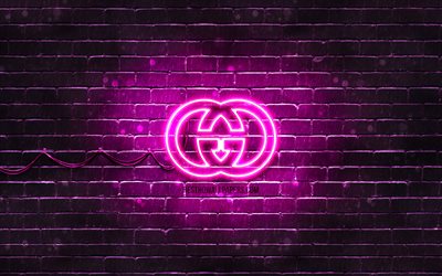 Gucci purple logo, 4k, purple brickwall, Gucci logo, fashion brands, Gucci neon logo, Gucci
