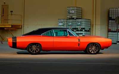 1970, Dodge Charger, 2-Door Coupe, side view, exterior, orange sports coupe, tuning Charger, retro cars, american cars, Dodge