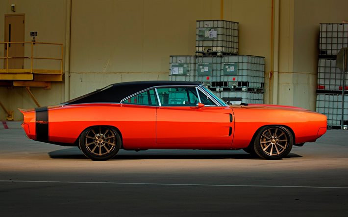 1970, Dodge Charger, Coupe de 2 puertas, vista lateral, exterior, cup&#233; deportivo naranja, tuning Charger, coches retro, coches americanos, Dodge