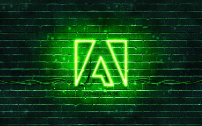 Adobe green logo, 4k, green brickwall, Adobe logo, brands, Adobe neon logo, Adobe