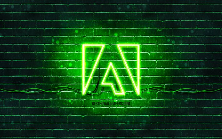 Adobe yeşil logosu, 4k, yeşil brickwall, Adobe logosu, markalar, Adobe neon logosu, Adobe