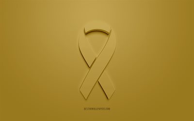 Childhood Cancer ribbon, creative 3D logo, gold 3d ribbon, Childhood Cancer Awareness ribbon, Childhood Cancer, gold background, Cancer ribbons, Awareness ribbons