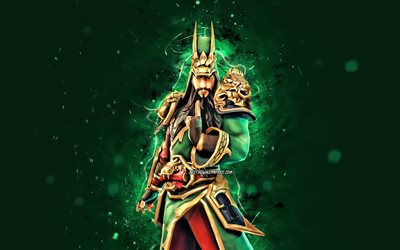 Guan Yu, 4k, yeşil neon ışıkları, 2020 oyunları, Fortnite Battle Royale, Fortnite karakterleri, Guan Yu Skin, Fortnite, Guan Yu Fortnite