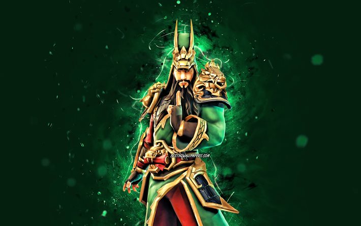 Guan Yu, 4k, green neon lights, 2020 games, Fortnite Battle Royale, Fortnite characters, Guan Yu Skin, Fortnite, Guan Yu Fortnite