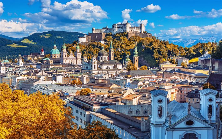 Fortaleza Hohensalzburg, Festungsberg, Salzburgo, Fortaleza Alta de Salzburgo, paisagem urbana, outono, panorama de Salzburgo, marco, fortaleza, &#193;ustria
