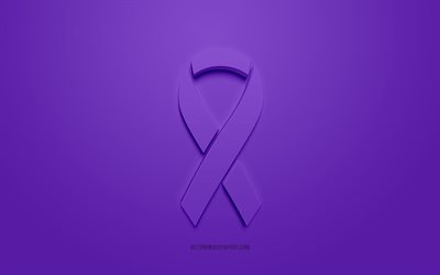 Colon Cancer ribbon, creative 3D logo, purple 3d ribbon, Colon Cancer Awareness ribbon, Colon Cancer, purple background, Cancer ribbons, Awareness ribbons