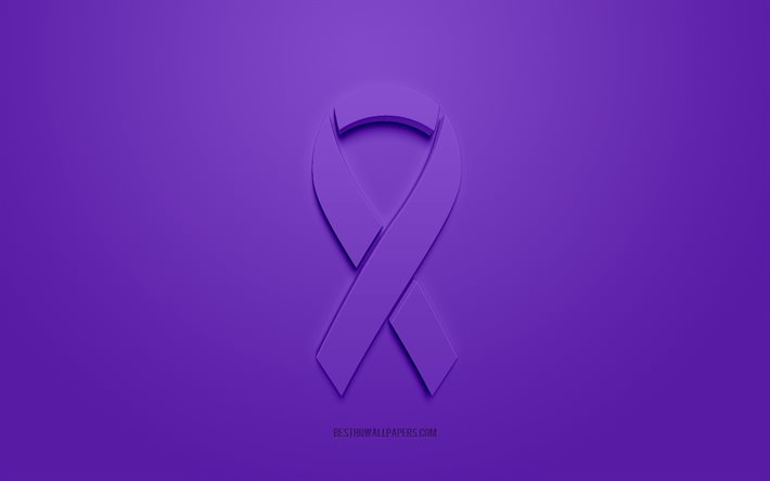 Nastro del cancro del colon, logo 3D creativo, nastro viola 3d, nastro di consapevolezza del cancro del colon, cancro del colon, sfondo viola, nastri del cancro, nastri di consapevolezza