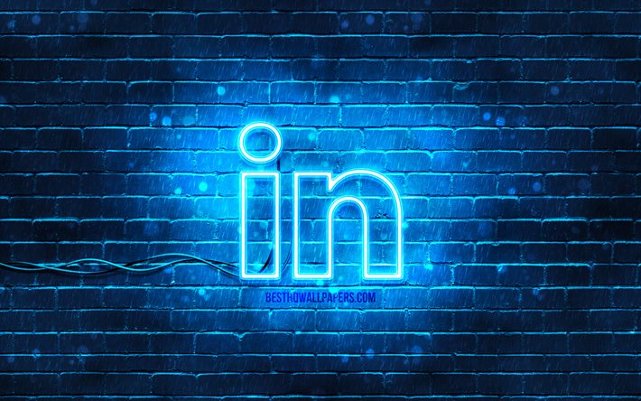 LinkedIn blue logo, 4k, blue brickwall, LinkedIn logo, social networks, LinkedIn neon logo, LinkedIn