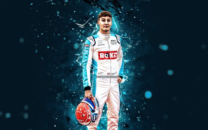 George Russell, 2020, 4k, Williams Racing, İngiliz yarış pilotları, Formula 1, George William Russell, mavi neon ışıkları, F1 2020