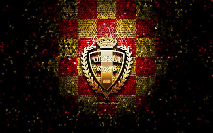 Equipo de f&#250;tbol belga, logotipo de brillo, UEFA, Europa, fondo a cuadros amarillo rojo, arte de mosaico, f&#250;tbol, equipo nacional de f&#250;tbol de B&#233;lgica, logotipo de KBVB, B&#233;lgica