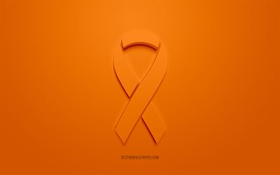 Kidney Cancer ribbon, creative 3D logo, orange 3d ribbon, Kidney Cancer Awareness ribbon, Kidney Cancer, orange background, Cancer ribbons, Awareness ribbons