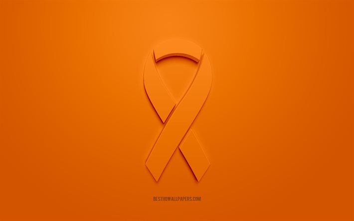 Ruban de cancer du rein, logo 3D cr&#233;atif, ruban 3d orange, ruban de sensibilisation au cancer du rein, cancer du rein, fond orange, rubans de cancer, rubans de sensibilisation