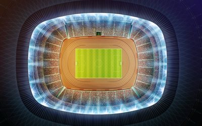football stadium, 4k, soccer, top view, soccer match, spotlights, stadium, football match