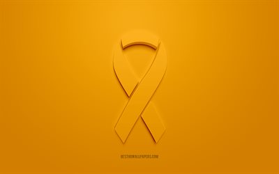 Ruban de cancer de la leuc&#233;mie, logo 3D cr&#233;atif, ruban 3d orange, ruban de sensibilisation au cancer de la leuc&#233;mie, cancer de la leuc&#233;mie, fond orange, rubans de cancer, rubans de sensibilisation