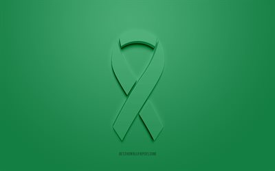 Liver Cancer ribbon, creative 3D logo, green 3d ribbon, Liver Cancer Awareness ribbon, Liver Cancer, green background, Cancer ribbons, Awareness ribbons