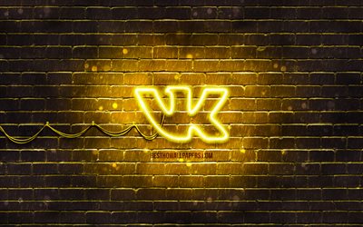 Vkontakte logo jaune, 4k, jaune brickwall, Vkontakte logo, un des r&#233;seaux sociaux, VK logo, Vkontakte dj logo, Vkontakte