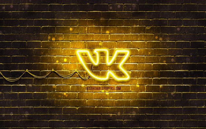 Vkontakte黄ロゴ, 4k, 黄brickwall, Vkontakteロゴ, 社会的ネットワーク, VKロゴ, Vkontakteネオンのロゴ, Vkontakte