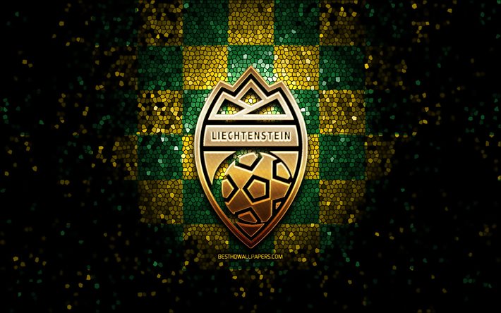 Litauiska fotbollslag, glitter logotyp, UEFA, Europa, gr&#246;n gul rutig bakgrund, mosaik konst, fotboll, Litauens nationella fotbollslag, LFF logotyp, Litauen