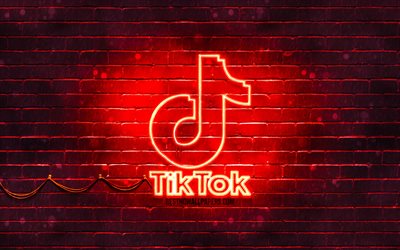 TikTok logo rouge, 4k, mur de briques rouges, logo TikTok, r&#233;seaux sociaux, logo au n&#233;on TikTok, TikTok